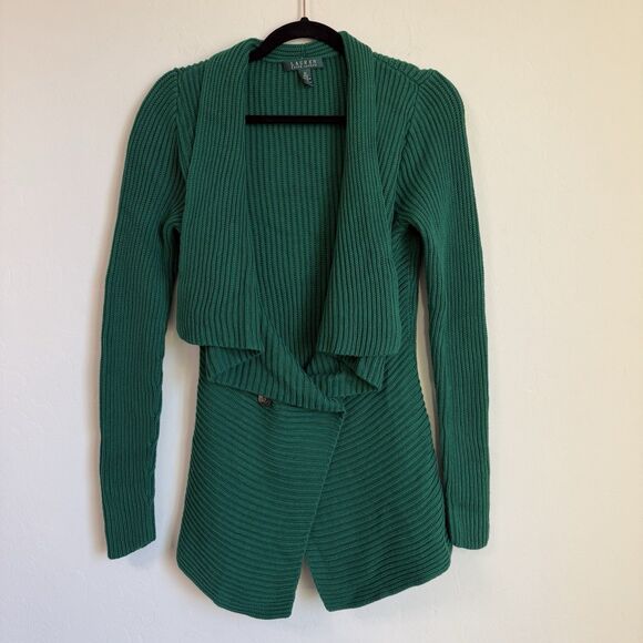 Lauren Ralph Lauren Green Cotton Knit Shawl Cardigan Medium Classy Preppy Money - Picture 1 of 11